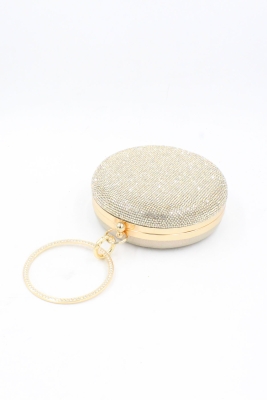 064 364 Yuvarlak Altın Kristal Taşlı Bilezik Aksesuarlı Abiye Çanta Clutch Gece Çantası